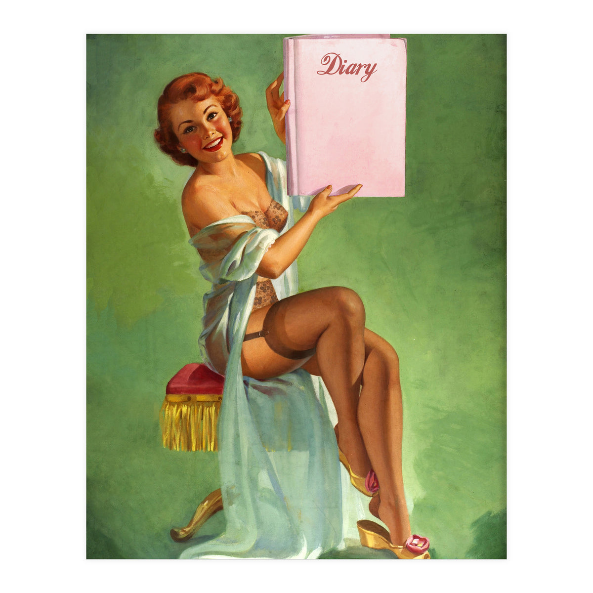 Pinup Girl Posing With Her Big Diary Book (Print Only)