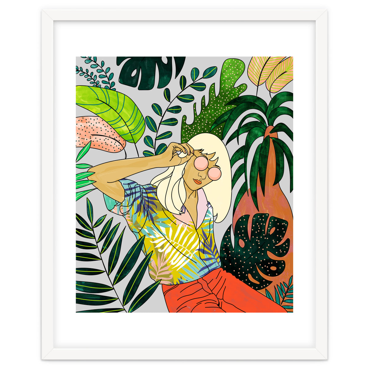 Spring Break, Tropical Bohemian Travel Line Art, Woman Fashion Palm Forest Jungle Watercolor Nature