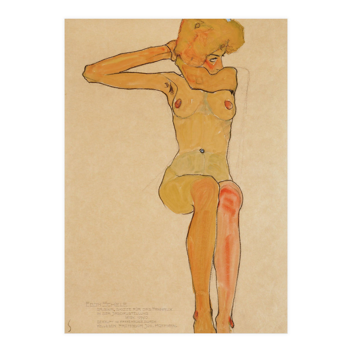 Seated female nude with raised right arm,1910 Gouache,. (Print Only)