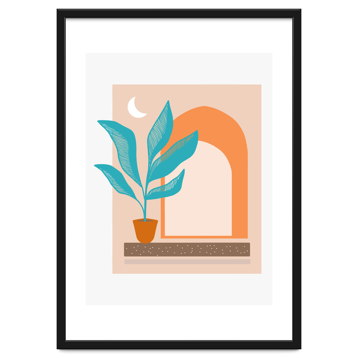 Moonlight Villa, Architecture Modern Bohemian Travel Illustration, Pastel Tropical Home Minimal Line Art