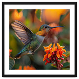 Hummingbird Hovering Near Orange Flowers thumbnail
