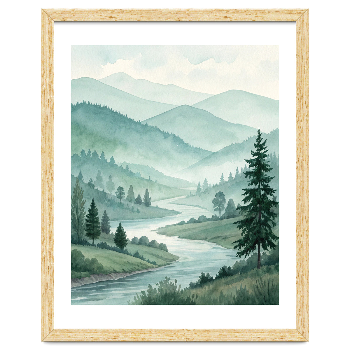 Serene Misty Mountain Valley Watercolor Painting