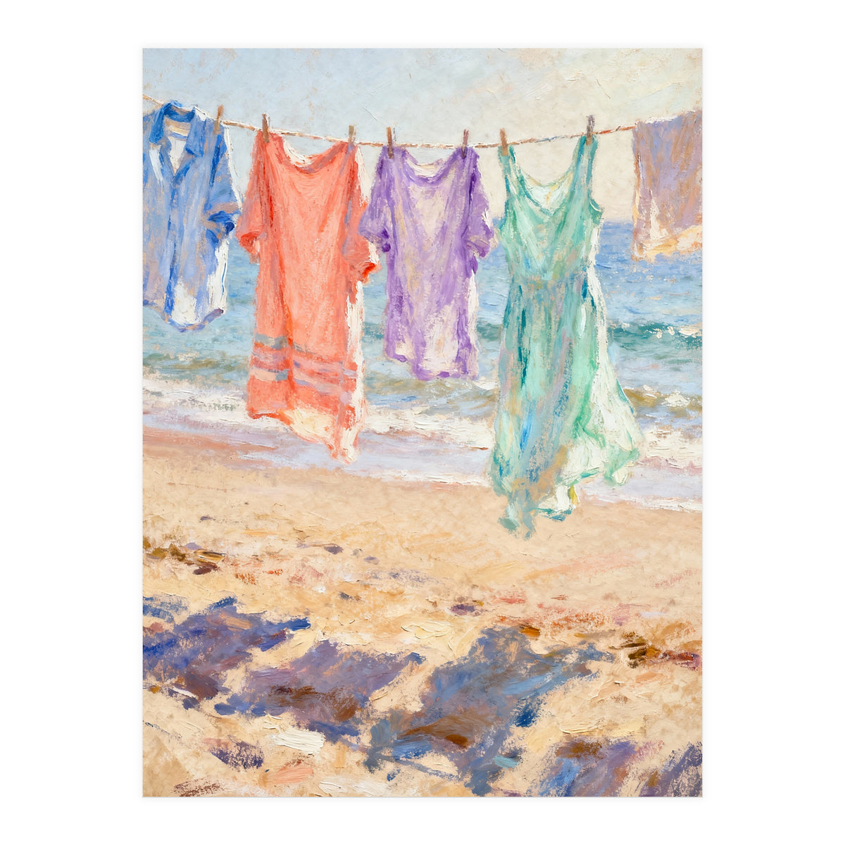 Laundry Drying by the Sea, Colorful Clothes on a Beach Clothesline, Coastal Summer Pastel Painting, Relaxing Ocean Shore Art Print (Print Only)