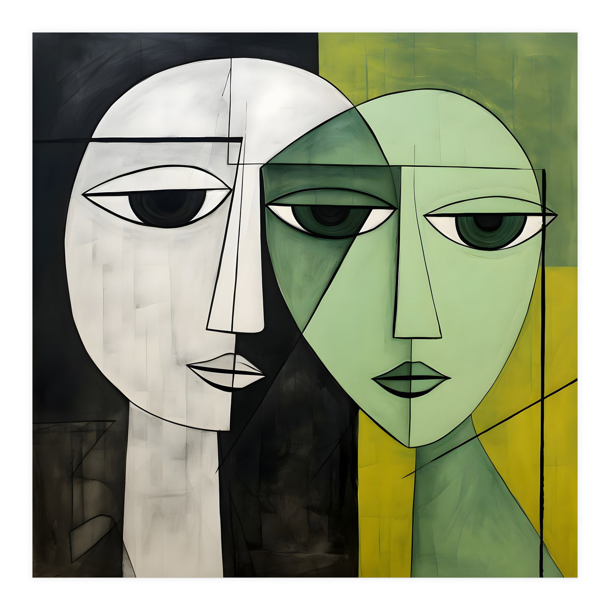 DYNAMIC FUSION, Two abstract heads converge - vibrant green tones intertwine with cool grey hues, a dance of contrast and connection. (Print Only)