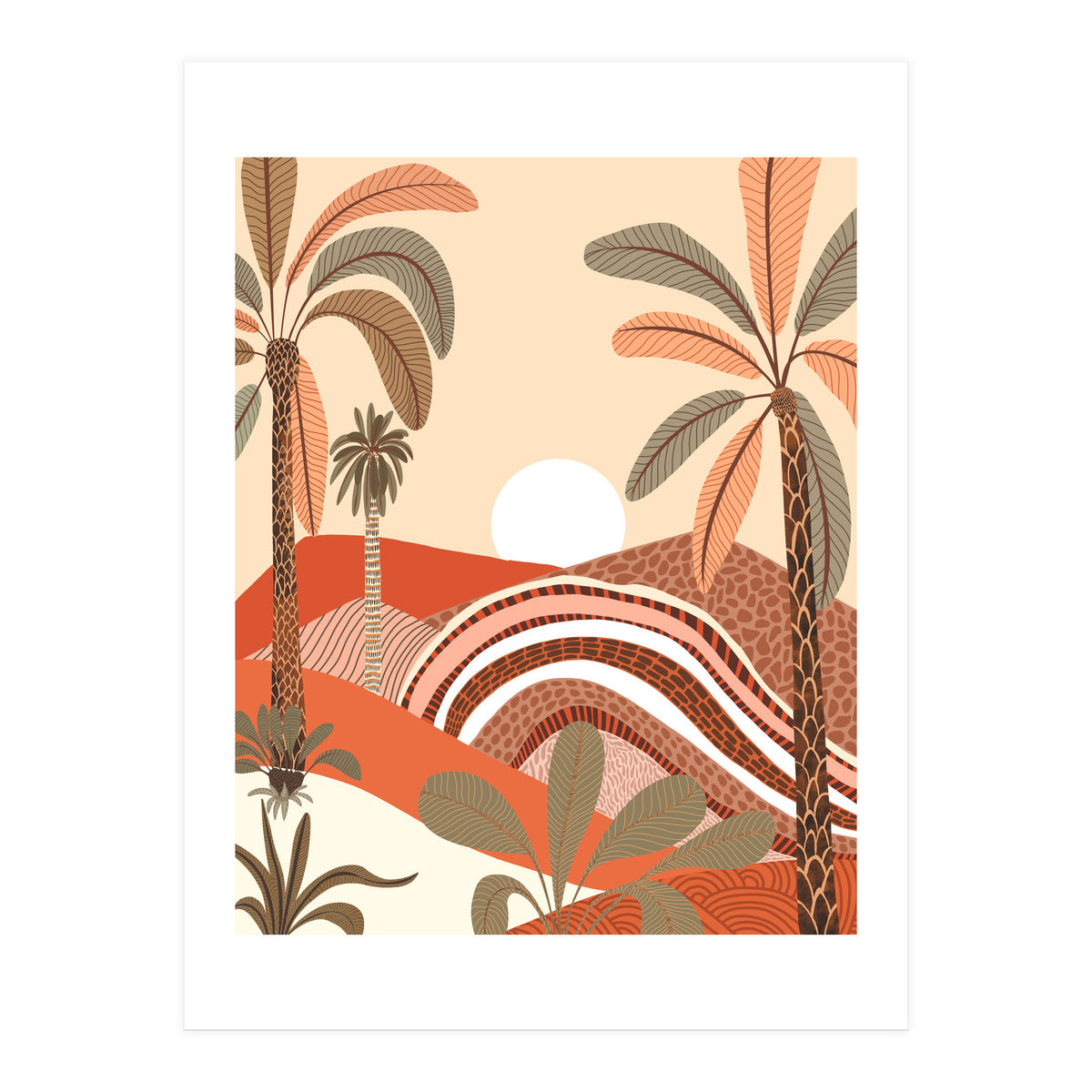 Epiphany, Pastel Rustic Sunrise Sunset, Bohemian Nature Landscape Illustration, Mountains Adventure Palm Trees (Print Only)