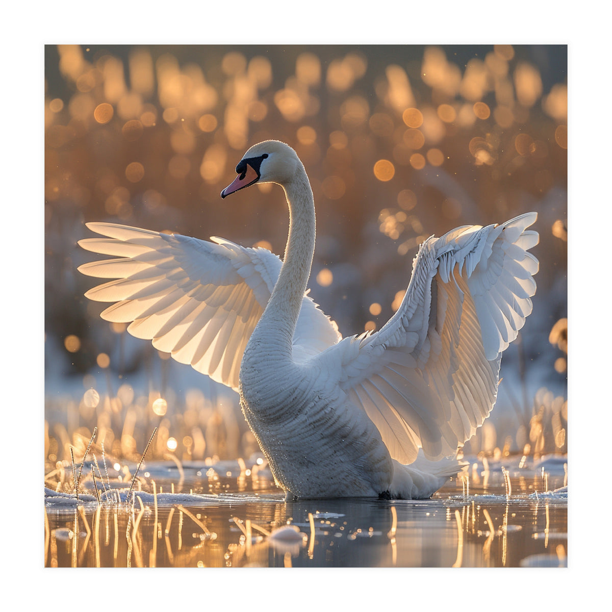 Swan Spreading Wings In Water Sunlight (Print Only)