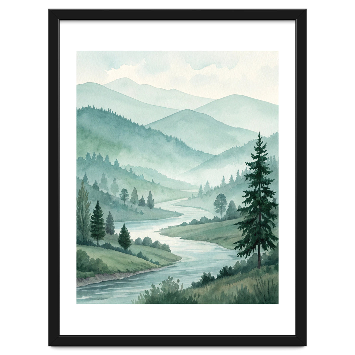 Serene Misty Mountain Valley Watercolor Painting