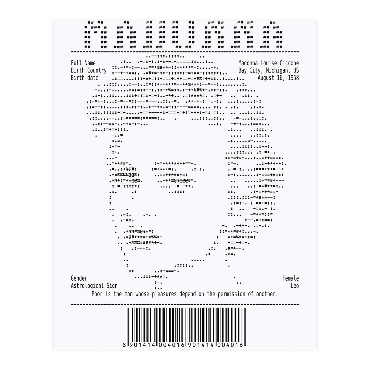Receipt Art Madonna (Print Only)