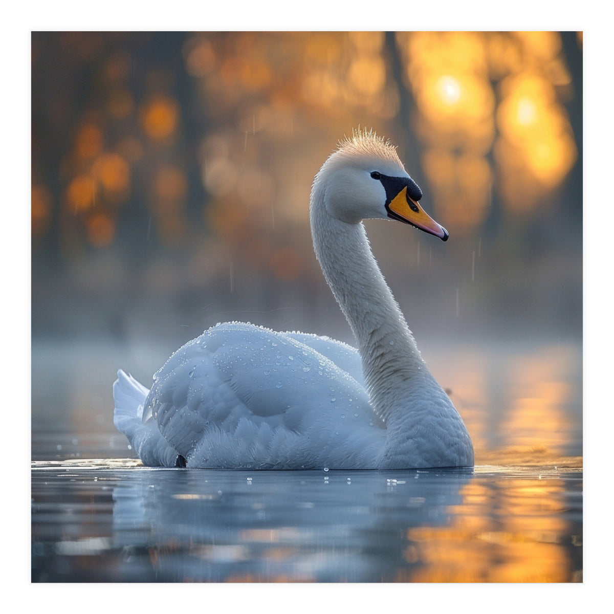 Beautiful Swan Floating On Water At Sunset (Print Only)