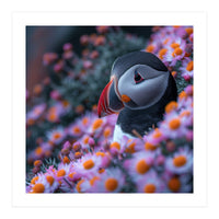 Puffin Bird Among Pink Flowers  (Print Only)