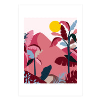 Tropical Sundowner, Pastel Jungle Botanical Nature, Summer Plants Palms Sunset, Mountain Landscape Travel Adventure (Print Only)