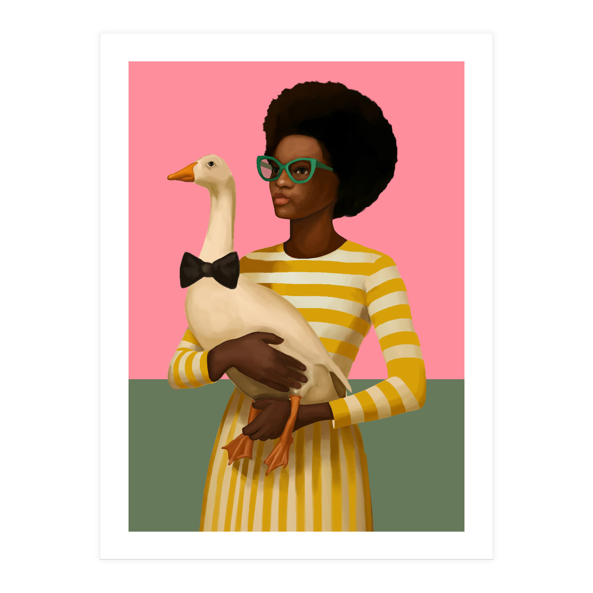 Stylish Woman Holding Goose In Striped Dress (Print Only)