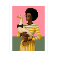 Stylish Woman Holding Goose In Striped Dress (Print Only)
