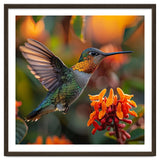 Hummingbird Hovering Near Orange Flowers thumbnail