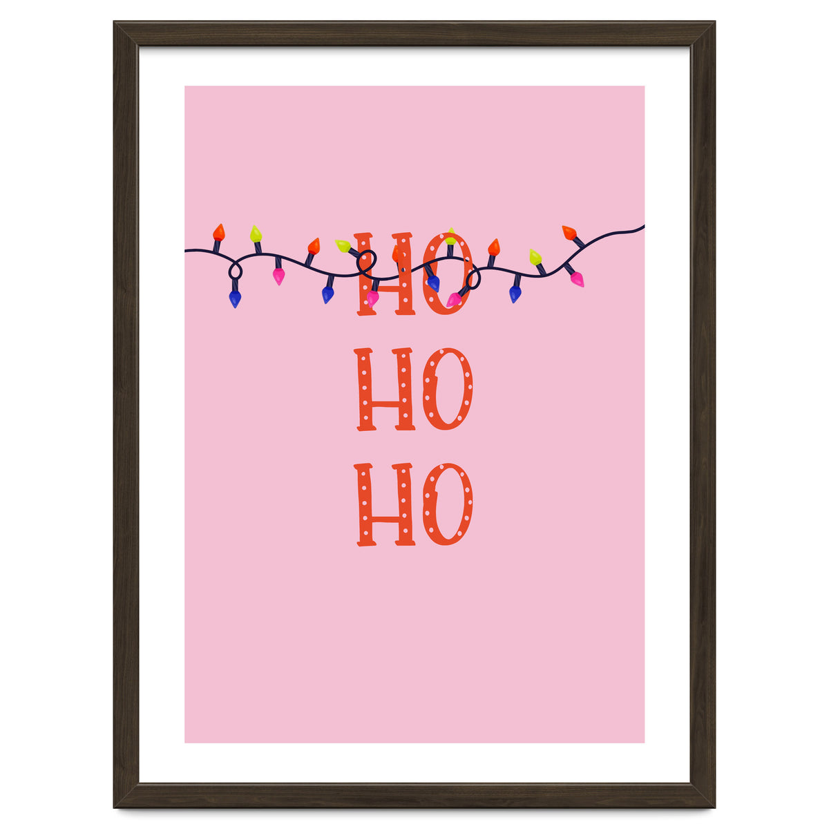 HO HO HO Christmas Lights Art, Pink Holiday Illustration, Modern Festive Quote