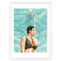 Bathe | Woman Pool Shower | Summer Swim Watercolor Painting | Brunette Bikini Boho Fashion