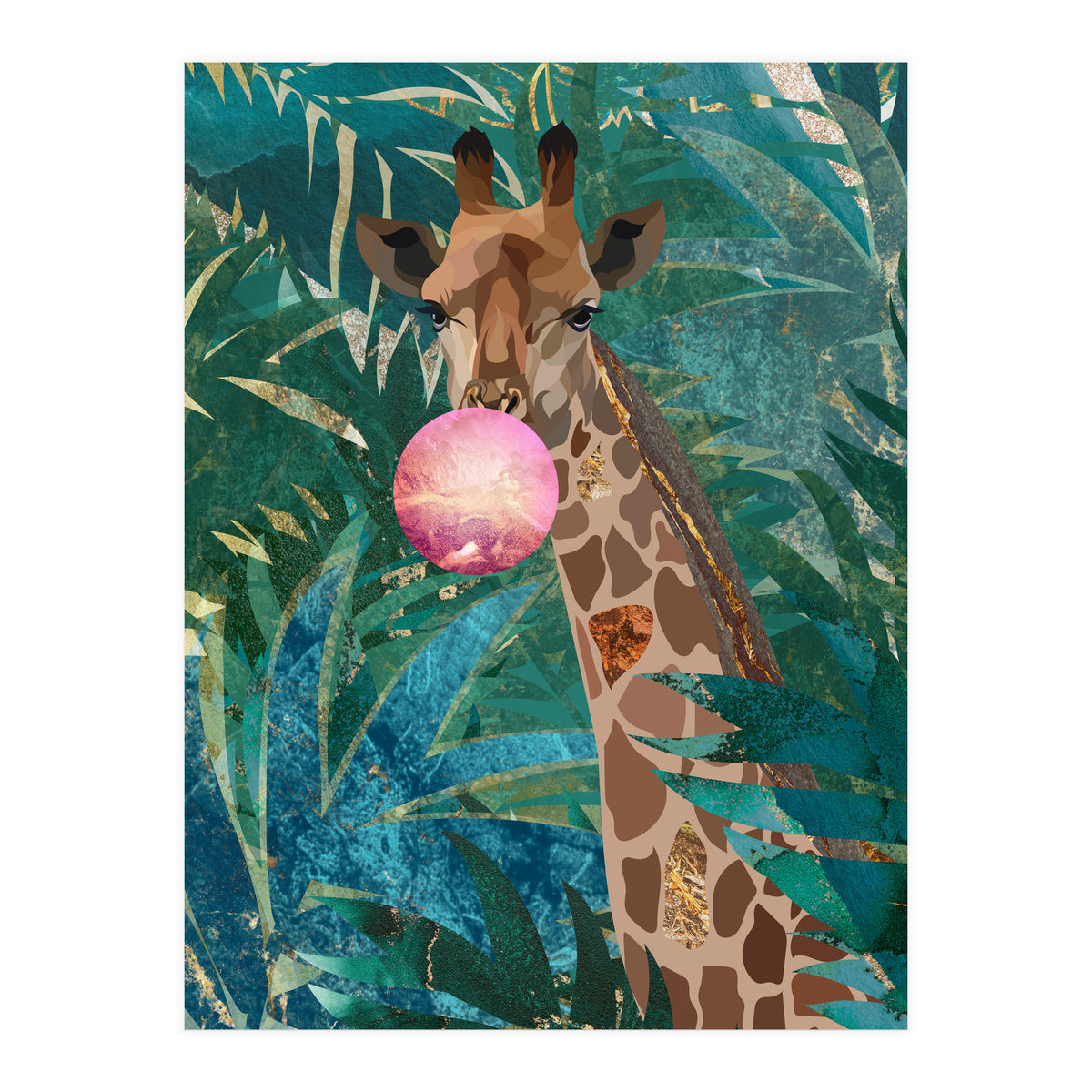 Giraffe blowing a bubble in the jungle (Print Only)