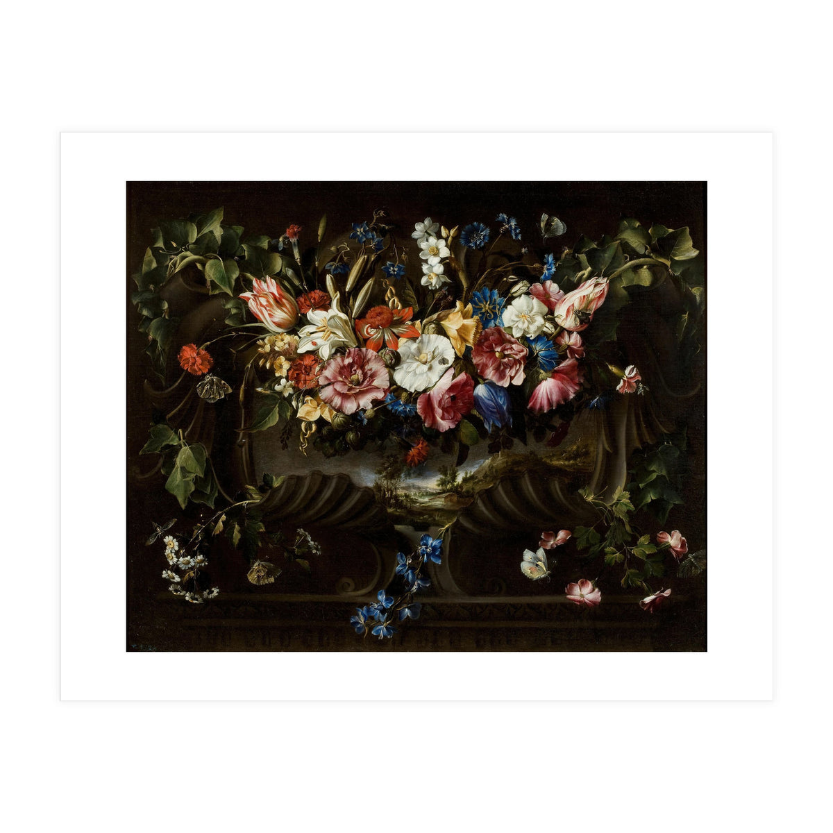 Juan de Arellano / 'Garland of Flowers with Landscape', 1652, Spanish School. (Print Only)
