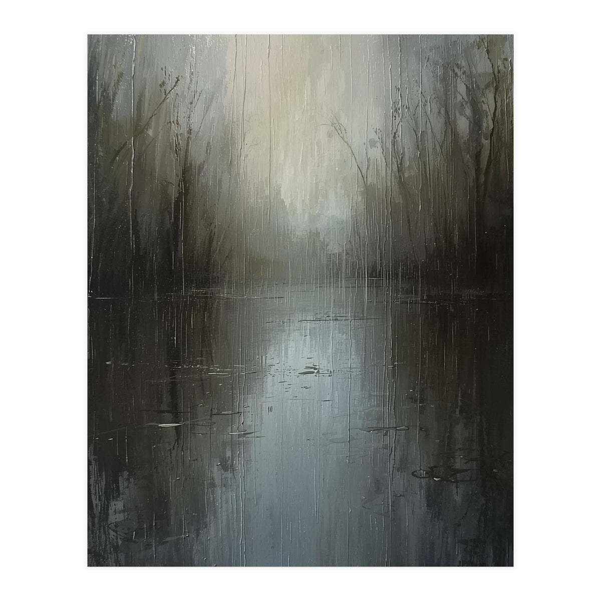Ethereal Rainy Lake Forest Oil Painting (Print Only)
