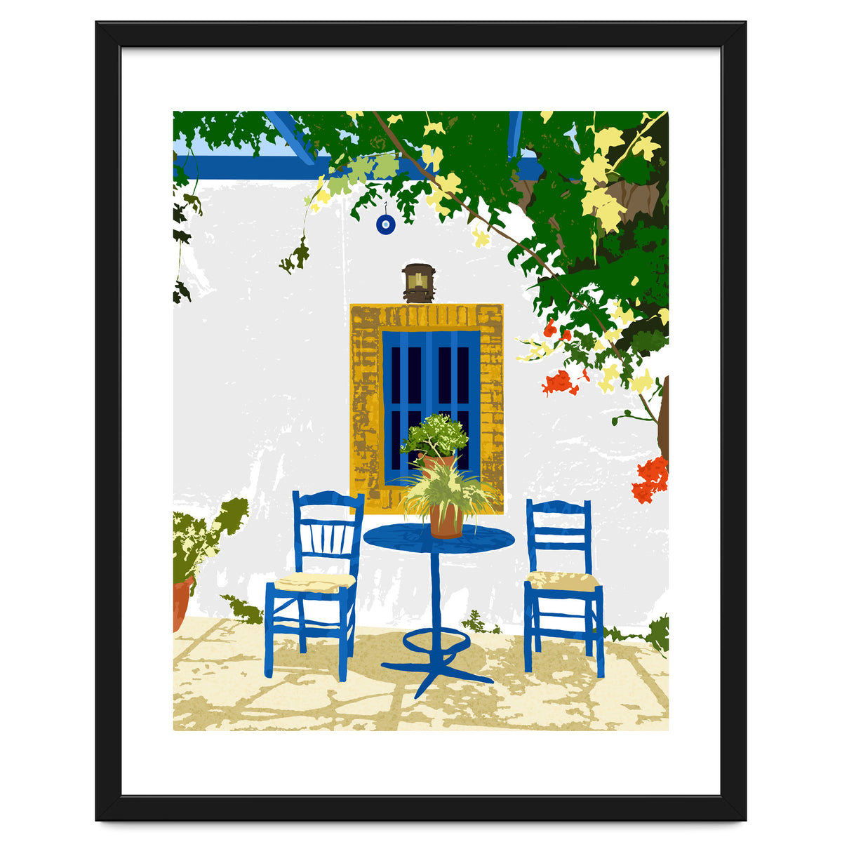 Greek Vacay For Two, Evil Eye Santorini Travel Summer, Eclectic Travel Architecture White Buildings Cafe