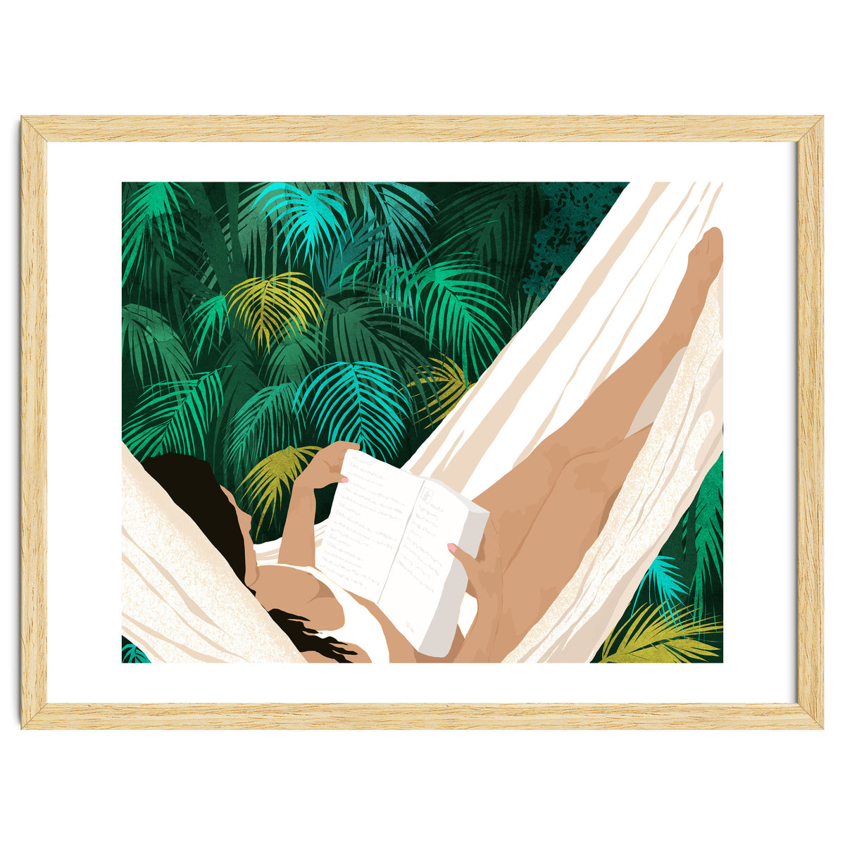 Summer Hammock Reading, Tropical Jungle Travel, Watercolor Nature Bohemian Forest Plants, Palm Beach