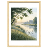 Serene River Sunrise Watercolor Painting with Meadow Grasses and Warm Golden Atmosphere Landscape thumbnail