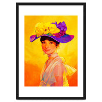 Audrey Hepburn Pop Art, Vibrant Floral Hat Portrait, Iconic Movie Star Illustration