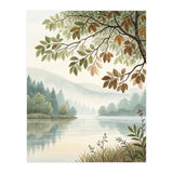 Tranquil Lakeside Forest Watercolor Painting with Overhanging Autumn Branches and Misty Mountain Reflection (Print Only) thumbnail