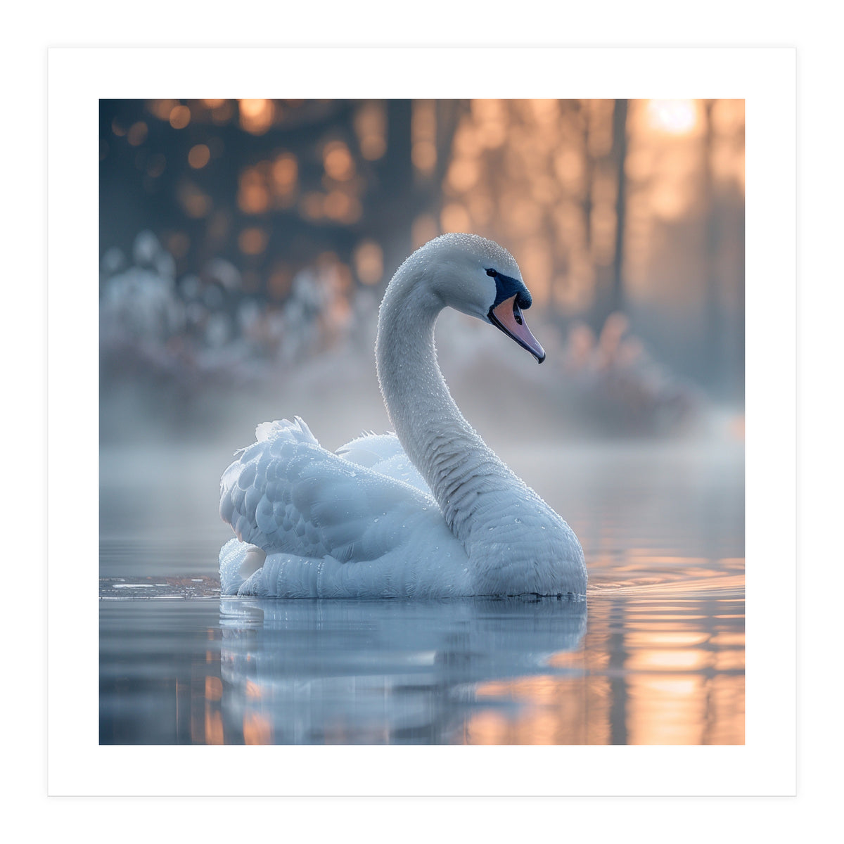 Serene White Swan Gliding On Misty Water (Print Only)