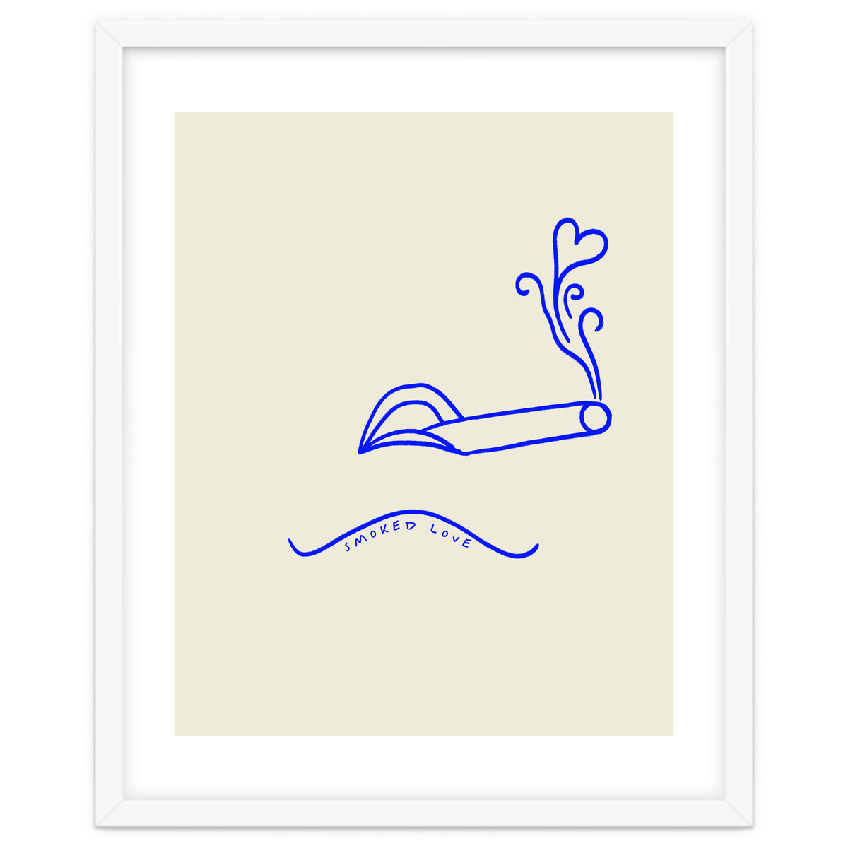 Smoked Love, Line Art Drawing Sketch, Minimalism Doodle Woman Cigarette Cigar Smoke, Eclectic Bohemian Framed