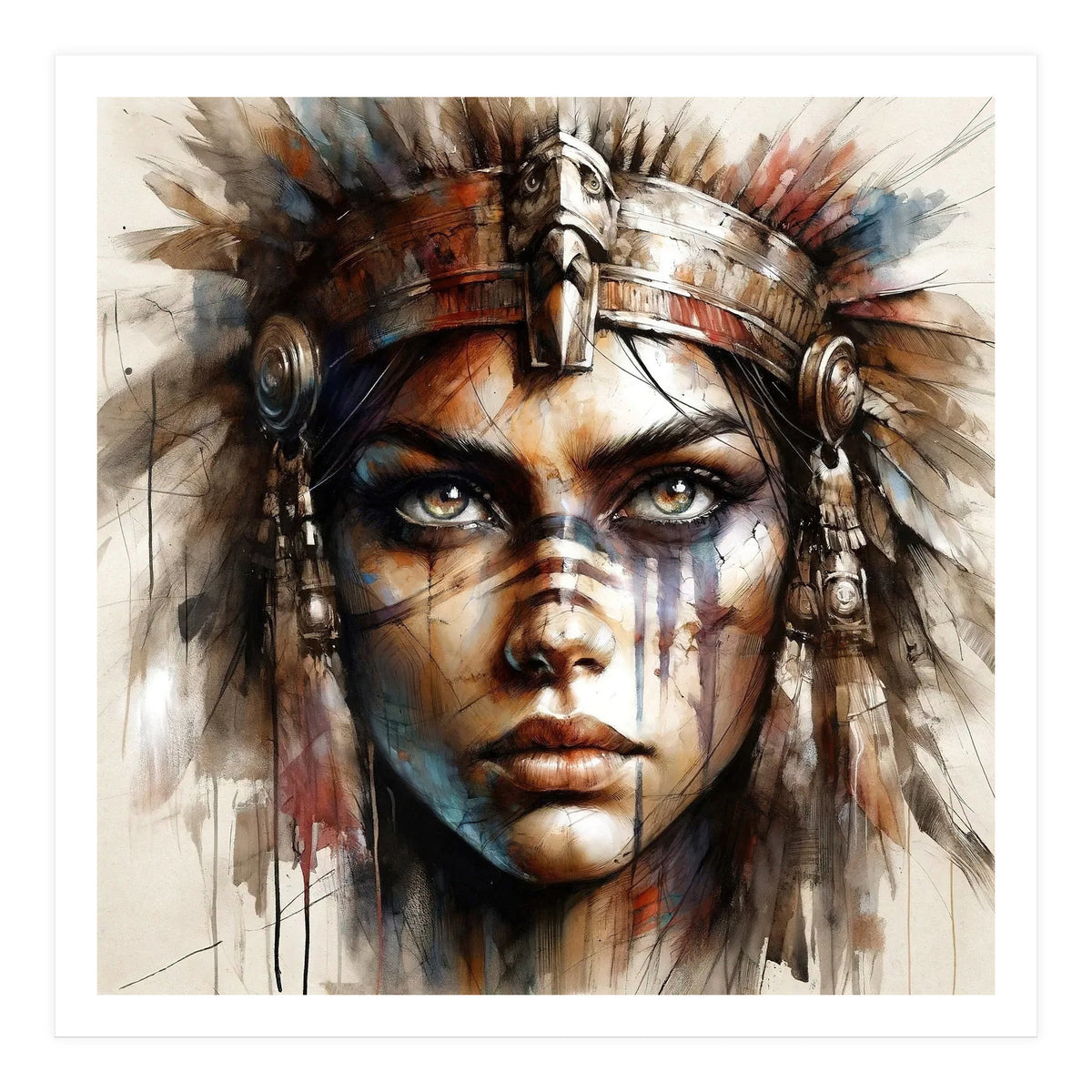 Regal Warrior Woman Watercolor Portrait (Print Only)