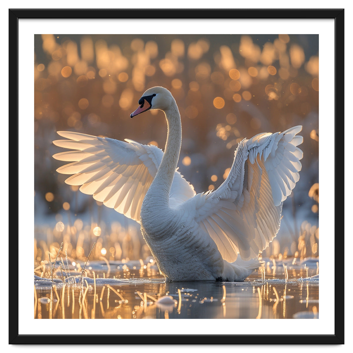 Swan Spreading Wings In Water Sunlight