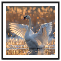 Swan Spreading Wings In Water Sunlight