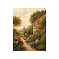 Idyllic Sunlit Cottage Garden Oil Painting (Print Only)