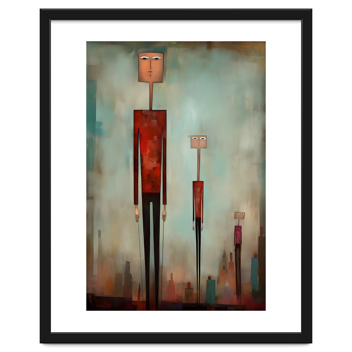 CITY HEIGHTS, three human-like forms of differing heights loom over the city below.