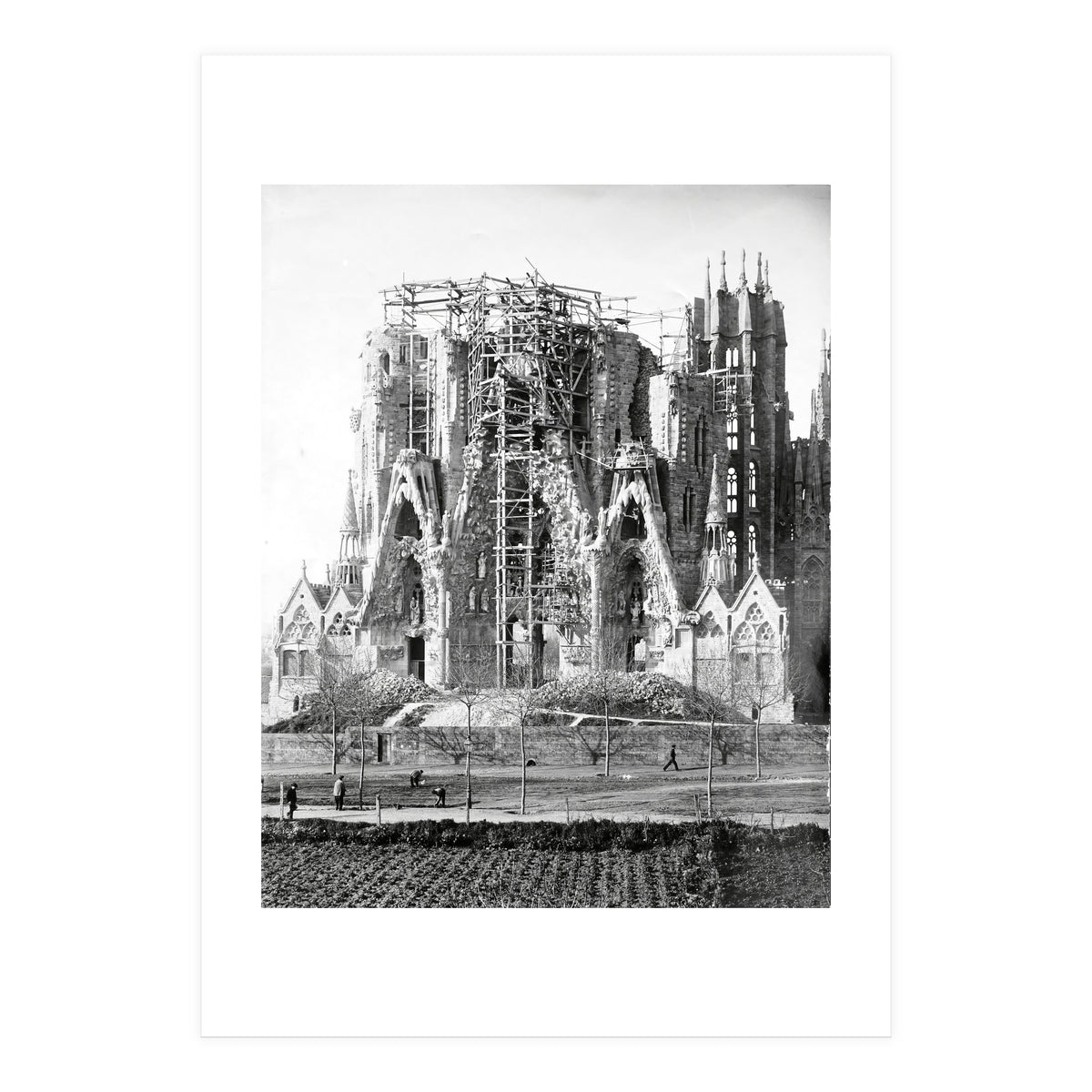 VIEW OF THE "SAGRADA FAMILIA" BASILICA BY ARCHITECT ANTONI GAUDI, PHOTOS OF WORK.  Ca. 1910. (Print Only)