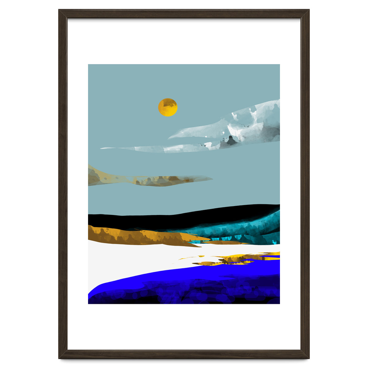 Duality & Intention, Abstract Nature Landscape Adventure Painting, Travel Mountains Sun Sky Scandinavian Clouds