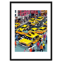 New York Minute, Yellow Taxi Cab Manhattan Downtown Busy Street, Traffic People Buildings Times Square Eclectic Road Architecture