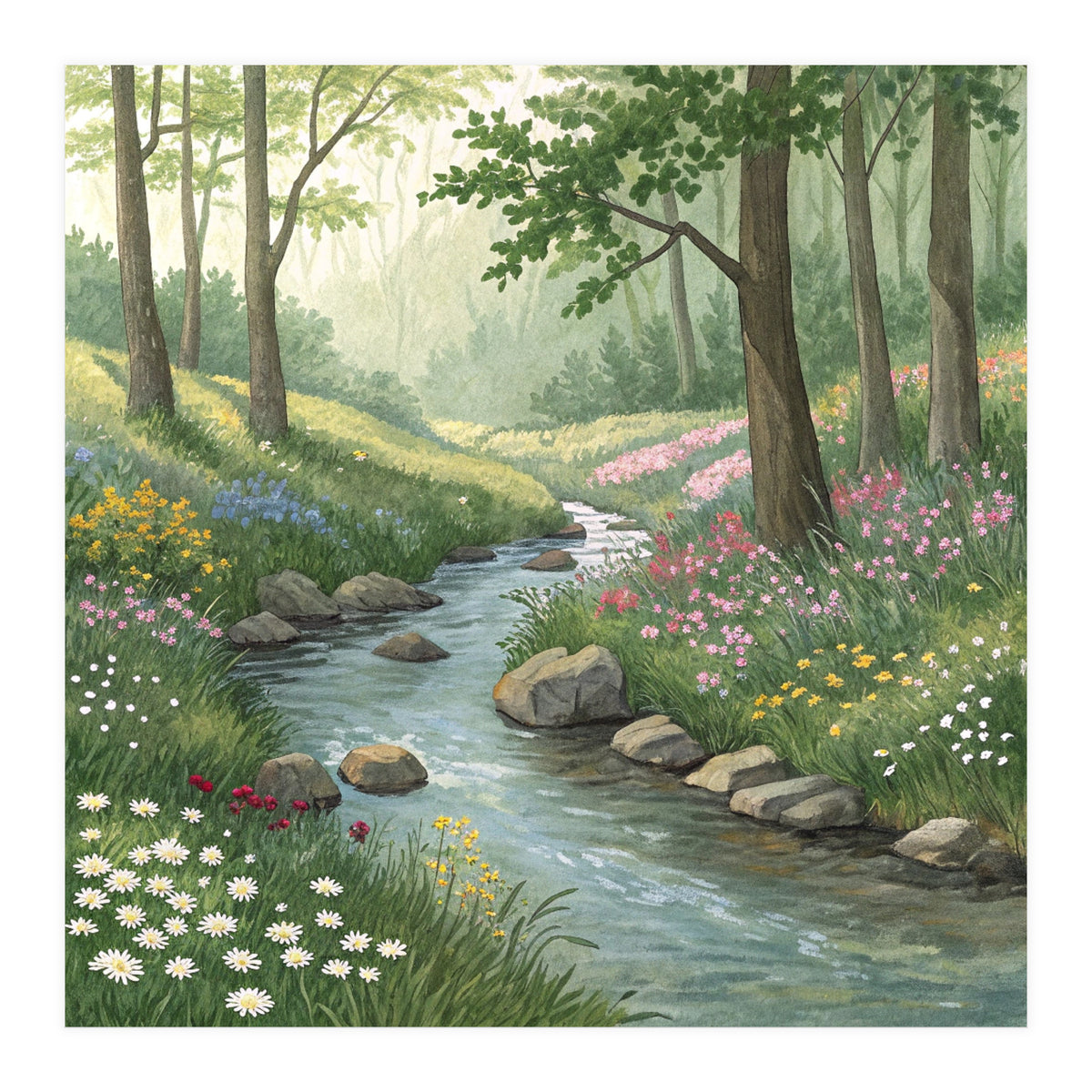Vibrant Forest Stream Watercolor Painting (Print Only)