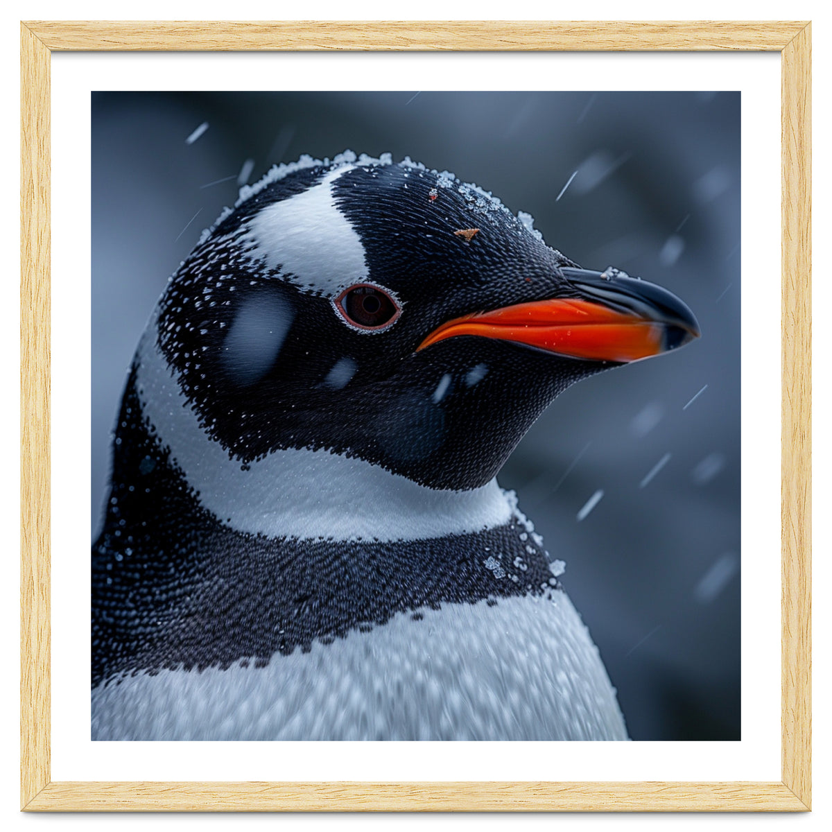 Close Up Penguin Portrait In Snowy Weather