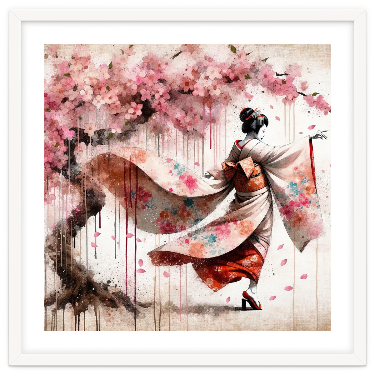 Geisha Under Cherry Blossoms In Motion