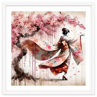 Geisha Under Cherry Blossoms In Motion