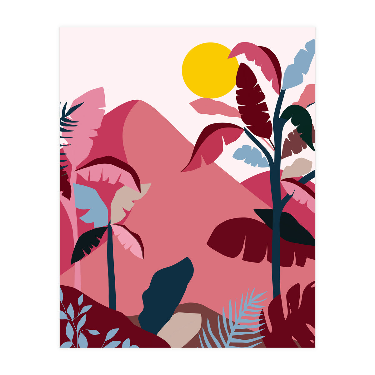 Tropical Sundowner, Pastel Jungle Botanical Nature, Summer Plants Palms Sunset, Mountain Landscape Travel Adventure (Print Only)