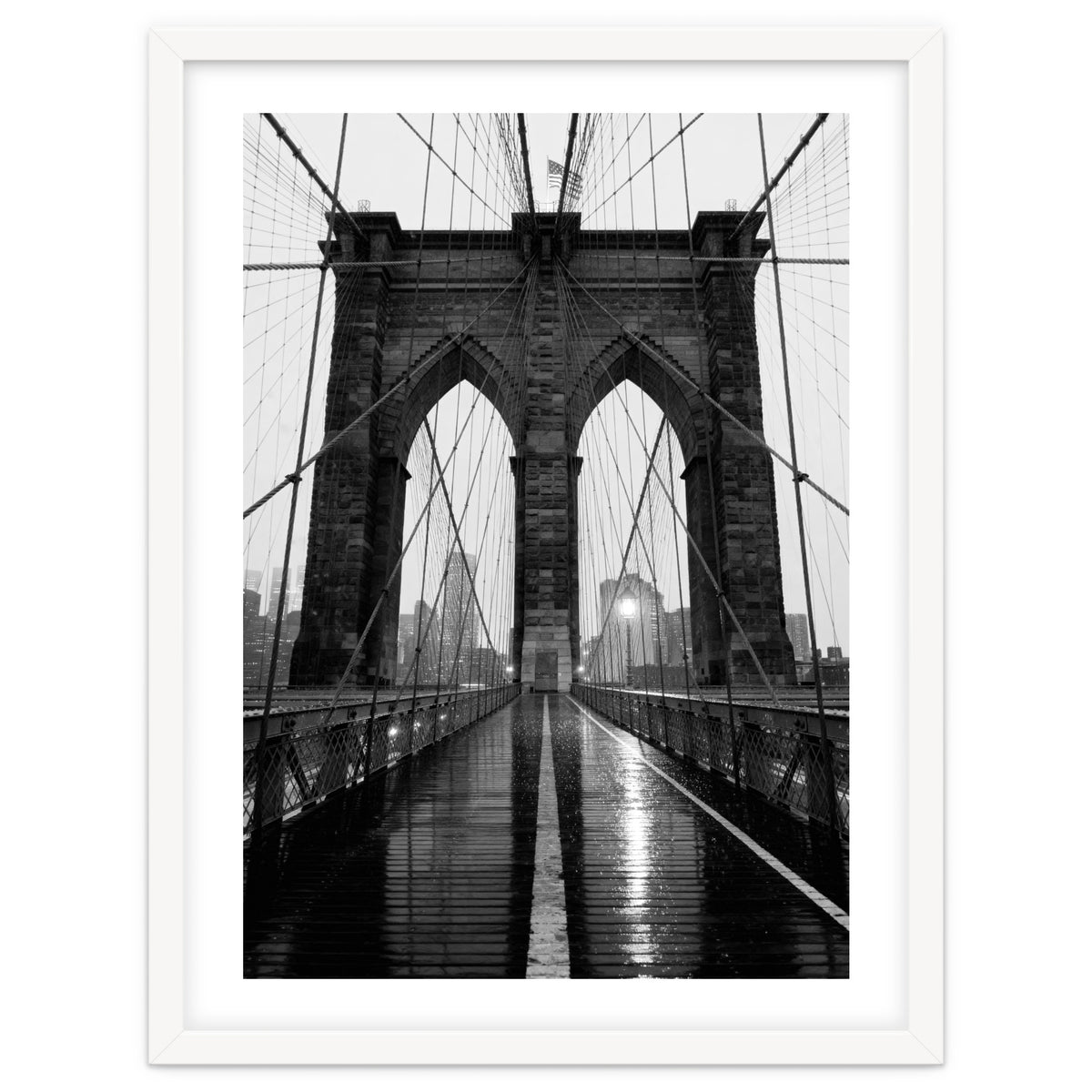 Brooklyn Bridge Black and White, Moody NYC Architecture, Rainy Urban Photography