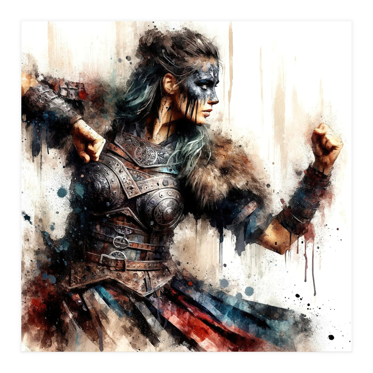 Viking Warrior Woman Watercolor Portrait (Print Only)