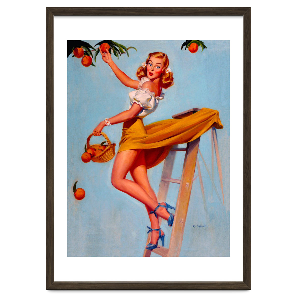 Pinup Sexy Woman Picking Oranges On A Tree Branch