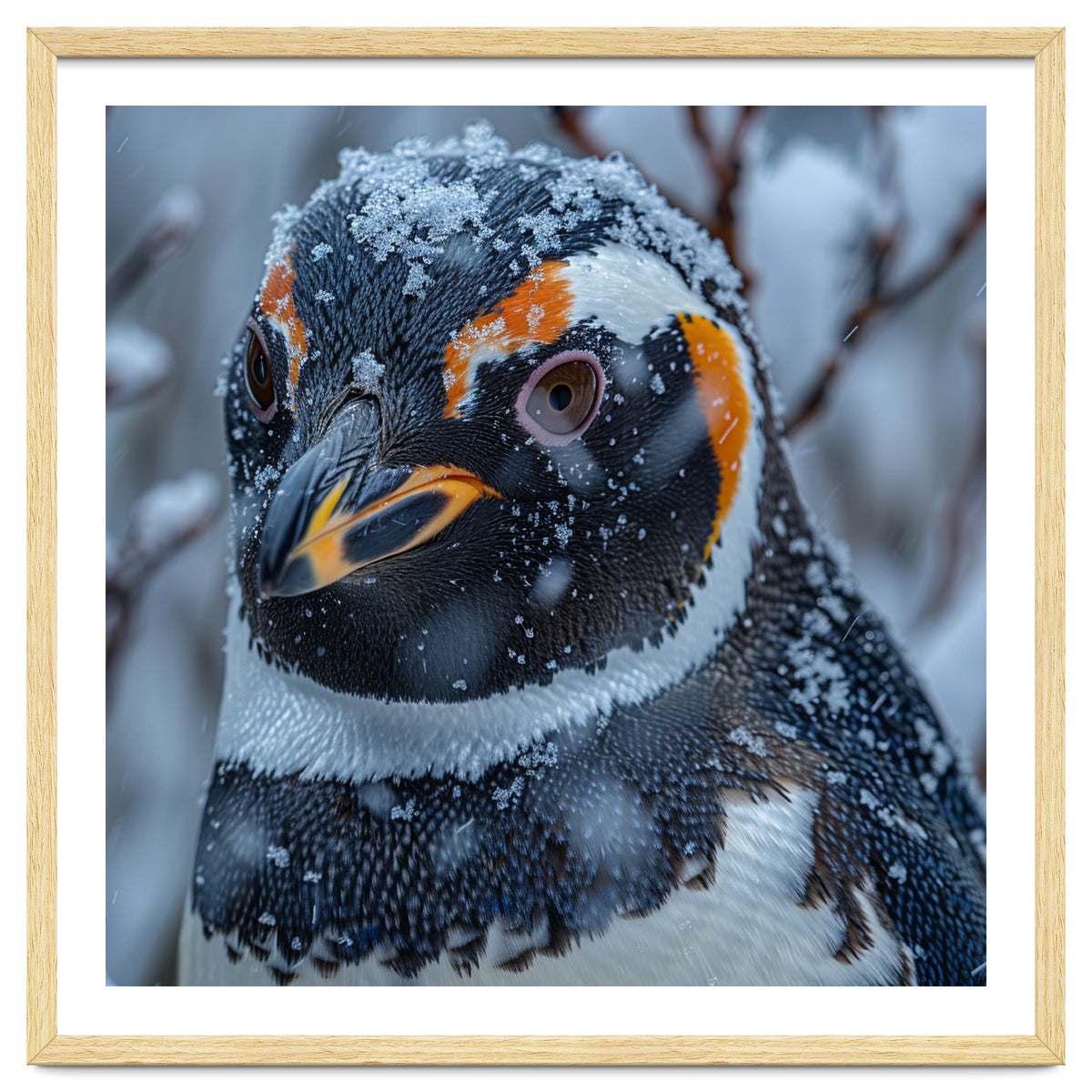 Penguin In Snow Falling Close Up Portrait