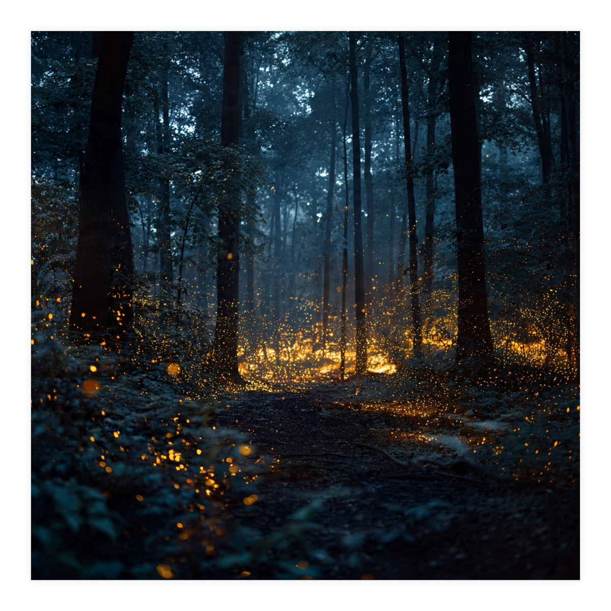 Enchanted Midnight Forest with Glowing Fireflies (Print Only)