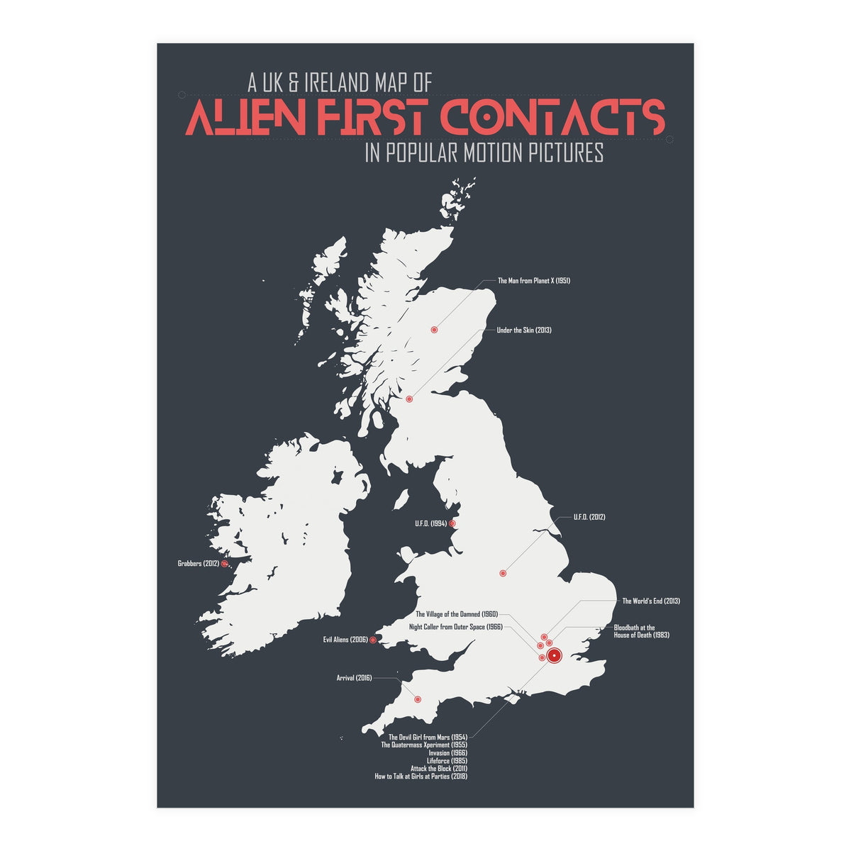 UK & Ireland Map of Alien First Contacts in Movies (Print Only)