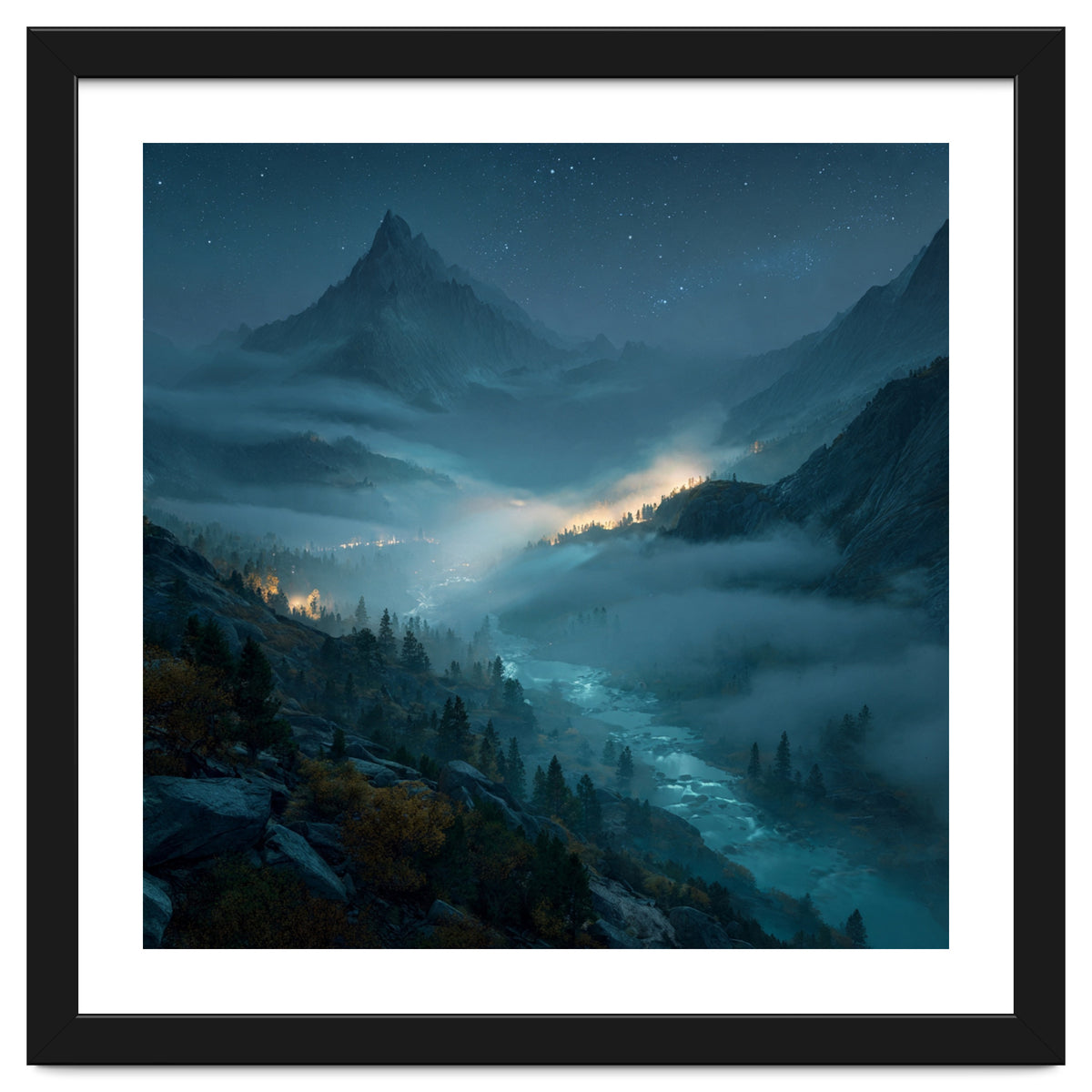 Moonlit Alpine Valley at Night with Shimmering River
